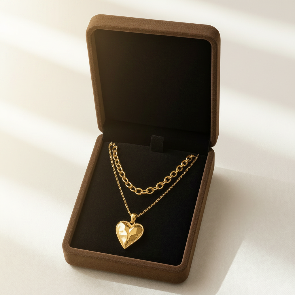 Collier double chaîne présenté dans son écrin